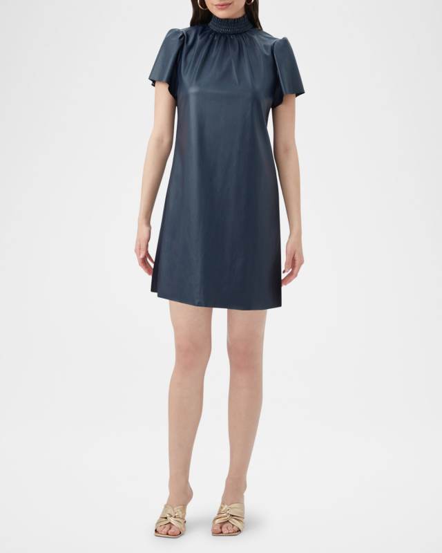 Vida Smocked Mock-Neck Faux Leather Mini Dress